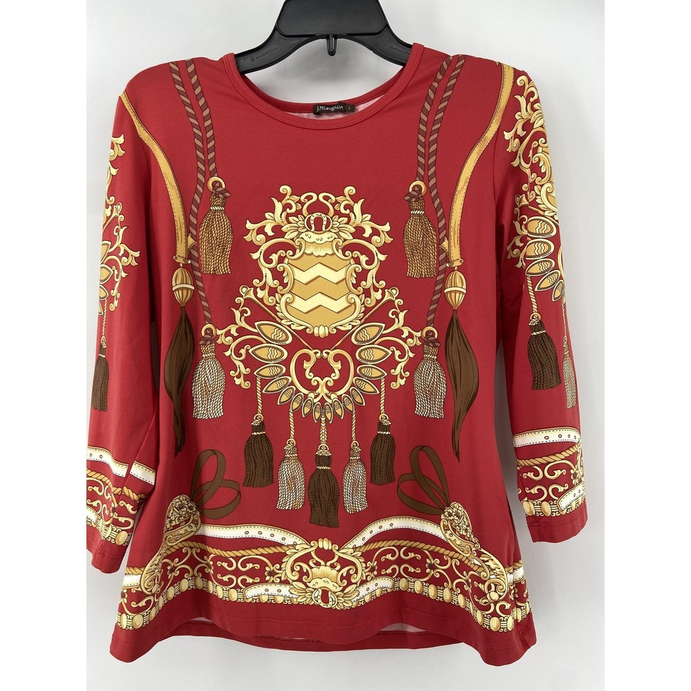 J.McLaughlin Shirt Womens Large Red Baroque Tassel Catalina Cloth‎ 3/4 Sleeve